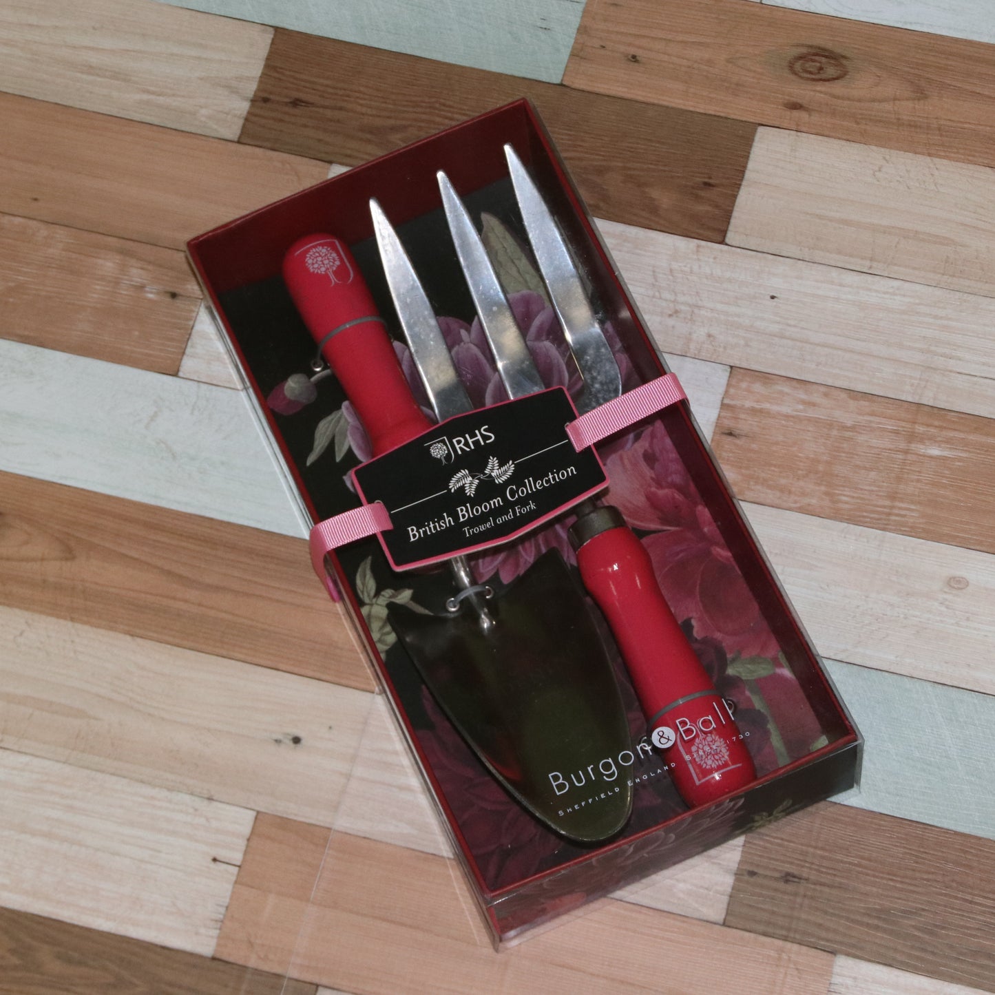 Burgon&Ball社 スコップ&フォーク ギフトセット ダリアとボタン - RHS British Bloom gift boxed trowel and fork